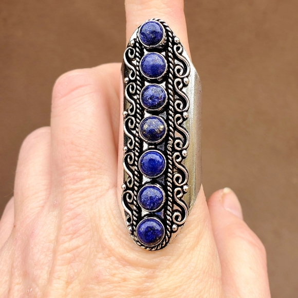 New 7 Stone Lapis Lazuli Adjustable Silver Statement Ring. - Picture 13 of 13